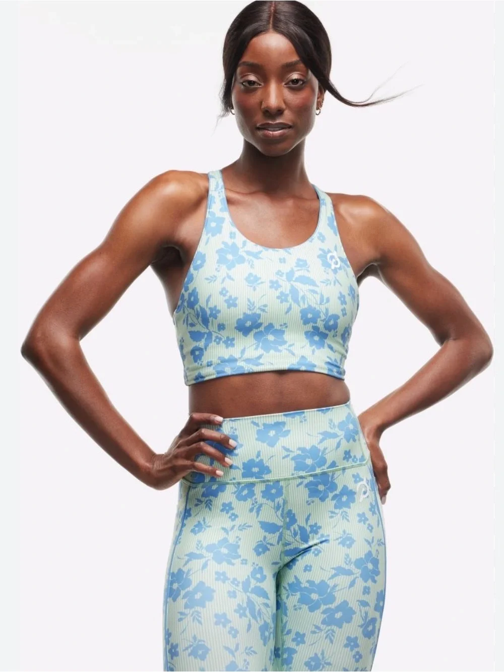 Peloton Blue Floral on Cream/Green Striped Women's Sports Bra & Leggings Set, M